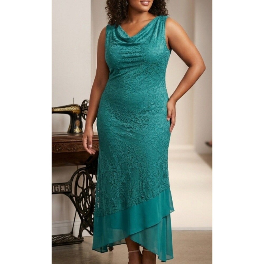 Soft Surroundings 2XL Teal Sleeveless Asymmetrical Lace Dress Wedding Party Silk